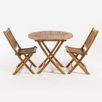 conjunto de exterior mesa redonda 90 cm y 2 sillas plegables madera teca grado a tratamiento al agua aplicado juego de comedor de teka set sillas y mesa de teka set terraza
