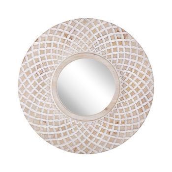 Espejo De Pared Madera Marrón Claro Redondo 60 Cm Marco Hecho A Mano Blanco Patrón Geométrico Boho Rústico Pomaro