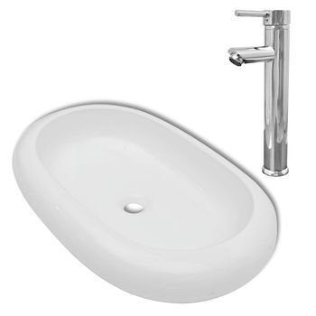 Lavabo De Baño Ovalado Con Grifo Mezclador Cerámica Blanco Vidaxl