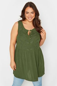 Yours Top Peplum Caqui Sin Mangas Cuerpo Bordado, Mujer Curvy Y Tallas Grandes, Yours