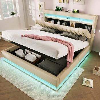 Cama Doble Tapizada 180x200 Cm Con Cabecero Que Incluye Espacio De Almacenamiento Y Puertos Usb Y Type-c, Iluminación Led En Cabecero Y Pie De Cama, Con Espacio De Almacenamiento Hidráulico, Color Lino Beige (sin Colchón)
