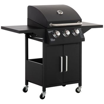 Outsunny Barbacoa de Gas con 3 Quemadores 8,7 KW con 2 Mesas Laterales Armario de 2 Puertas 4 Ruedas y Frenos 121x55x109 cm Negro   Aosom España