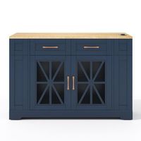 isla de cocina movil con mesa de comedor plegable toma de corriente puerto usb y puerta de cristal - azul