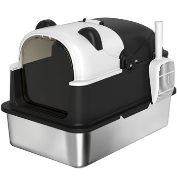 PawHut Arenero para Gatos Grandes Cubierto XL de Acero Inoxidable con Tapa Abatible Pala Bolsa Desodorante Diseño Panda Negro   Aosom España