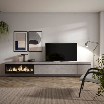 Mueble tv efecto madera cemento 317x35x45cm chimenea efecto fuego