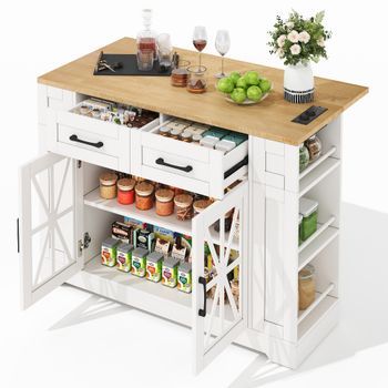 Mueble Auxiliar De Cocina 120cm, Isla De Cocina Con Ruedas Y Carrito De Cocina Con Mesa Plegable, Enchufes, 120x65x92cm, Madera, Blanco