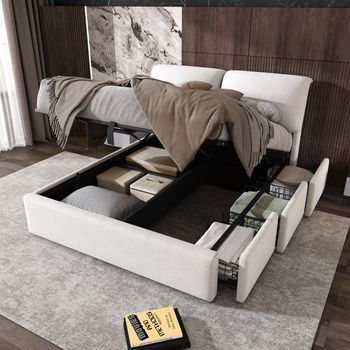 Cama Hidráulica Tapizada Con Cajones, 140x190 Cm, Terciopelo Beige.