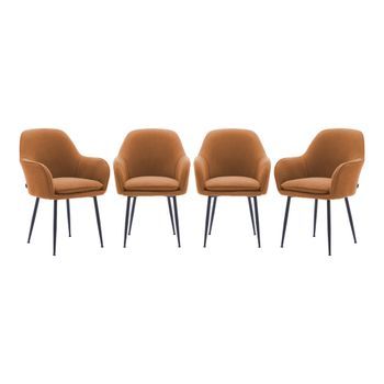 Sillón De Terciopelo De Canalé Y Patas De Metal Negro, Set De 4, Camel