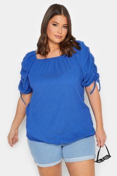 Yours Top Azul Con Textura Bajo Abullonado, Mujer Curvy Y Tallas Grandes, Yours