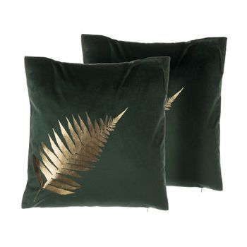 Conjunto De Cojines Decorativos De Terciopelo Verde 45 X 45 Cm Estampado De Hoja Con Lámina Dorada Decoración Moderna Fern