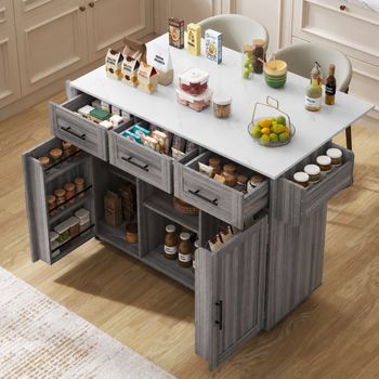 Carrito De Cocina Gris De 139 Cm Con Encimera Abatible Y Superficie Efecto Mármol Blanco