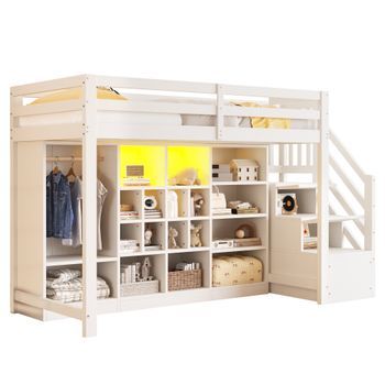 Cama Alta, 90x200 Cm, Armarios, Ropero, Led, Escalera Lateral, Blanca