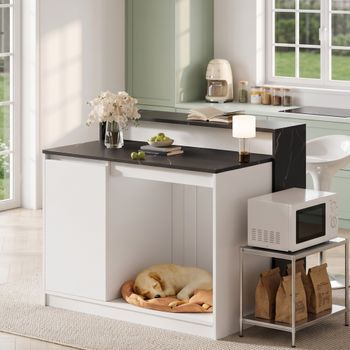 Isla De Cocina Con Barra Y Zona Para Mascotas, 120 X 80 X 100 Cm, Blanco Y Negro