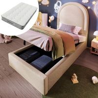 cama tapizada simple para nino con motivo cosmico beige 90x200 cm con colchon
