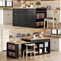 isla de cocina negra de 150 cm con mesa extraible y encimera efecto madera
