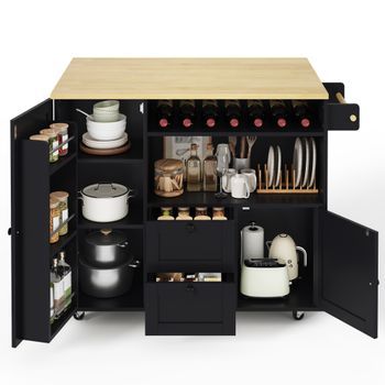Isla De Cocina Móvil Con Encimera Plegable Y Botellero, 104x69x89 Cm, Mdf, Blanco