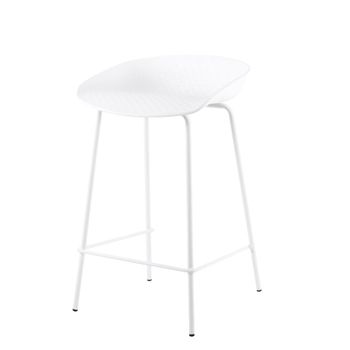Taburete bajo con asiento blanco y patas de metal blanco.