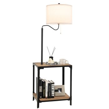 Costway Lámpara de Pie con Mesa y Puertos de Carga USB Brazo Giratorio de 360° con Mesita de Noche para Salón Dormitorio 49 x 34 x 144 cm