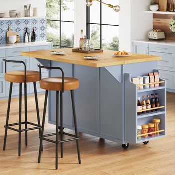Isla De Cocina Con Ruedas Y Cajones, Encimera Plegable, Azul, 143 × 75 × 91 Cm