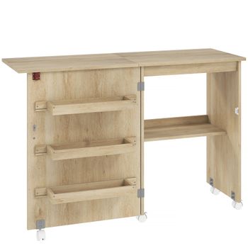 HOMCOM Mesa de Costura Plegable con Tablero Abatible Compartimentos Estante y Ruedas Madera Natural   Aosom España