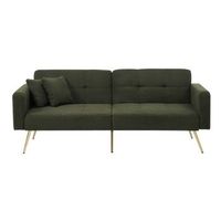 sofa cama reclinable patas doradas con cojines y bolsillos laterales color verde