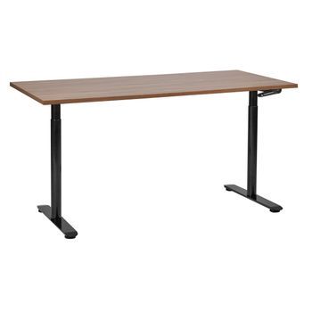 Escritorio De Altura Regulable Manualmente Oficina Moderna Patas Redondas 160 X 72 Cm Tablero Madera Oscura Soporte De Acero Negro Destinas