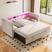 sofa-cama 90x190 cm con cama abatible puertos usb-c iluminacion led tapizado de terciopelo y almacenamiento - beige