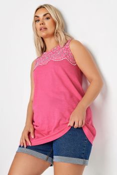 Yours Top Sin Mangas Fucsia Canesú Con Bordados, Mujer Curvy Y Tallas Grandes, Yours
