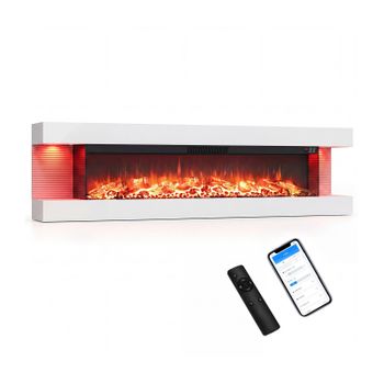 Costway Chimenea Eléctrica de Pared 60 Pulgadas Tres Caras con Temporizador Efecto Llama Calefacción Dos Niveles 152,4 x 20,6 x 41,8 cm Blanco
