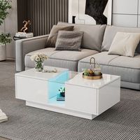 mesa de centro led blanca de 100 x 50 x 35 cm mdf de alto brillo y dos cajones