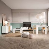pack de muebles de salon comedor tokio estilo nordico en color blanco albo y roble rayado aparador mesa de comedor mesa de centro y mueble de tv