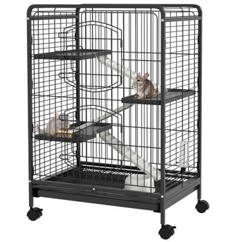 PawHut Jaula para Roedores con Ruedas 3 Plataformas Bandeja Extraíble Comedero Bebedero 64x43,5x93 cm Negro   Aosom España