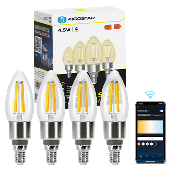 Aigostar Edison Bombillas Alexa LED E14 Bombillas Inteligentes 4.5W 470LM WIFI Bombilla Vintage C35 Bombillas Filamento Regulable 2700K-6500K， compatible con Alexa/Google Home. transparente 4 pack