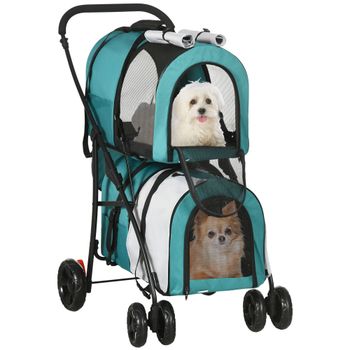 PawHut Cochecito Doble para Perros Gatos Plegable con 2 Transportines Extraíbles con Cinturón y Cojines 66x50x98cm Verde y Gris   Aosom España