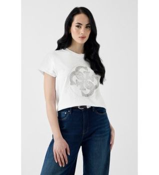 Guess para mujer. W6YI18K4331 Camiseta con logo de pedrería blanco (XS), Casual, Algodón, Manga corta