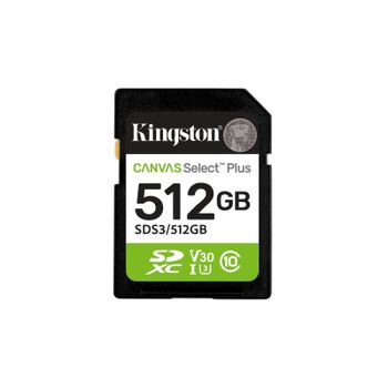 Tarjeta SD Kingston Canvas Select Plus 512 GB UHS-I U3 V30 150 MB/s resistente