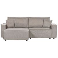 sofa cama esquinero seccional moderno de tela de poliester respaldo tapizado con cojines sala de estar derecho gris pardo karila