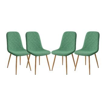 Pack De 4 Sillas De Comedor Suiz, Silla Tapizada En Tela Verde Con Respaldo Capitoné Romboidal Y Patas Color Roble