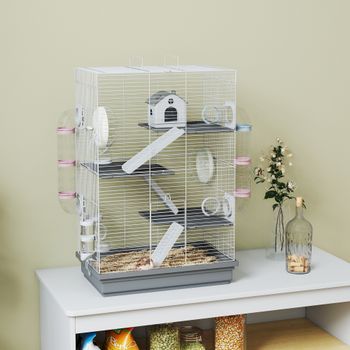 PawHut Jaula para Hámster con Túnel Plataformas Cuenco Bebedero Casita Rampas y Rueda de Ejercicio 47x30x70 cm Gris