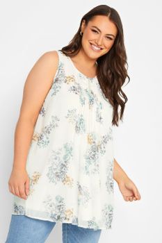 Yours Blusa Blanca Floral Sin Mangas Con Jaretas, Mujer Curvy Y Tallas Grandes, Yours
