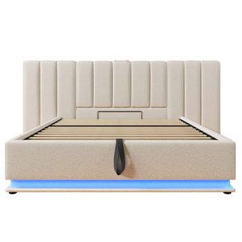 Cama Con Canapé Tapizada De Lino 180×200cm Con Led Y Carga Con Somier De Láminas Beige