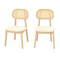 set de 2 sillas en madera clara tela beige y ratan