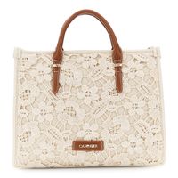 bolso shopping pequeno de macrame con asas efecto piel ecru