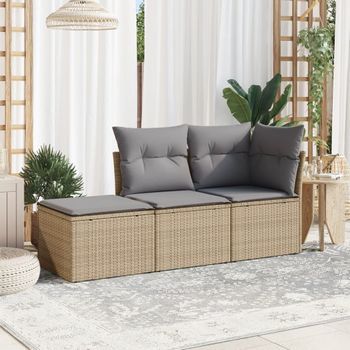 Conjunto De Sofás De Jardín Con Cojines Beige 3 Uds | Mueble Jardin Mesa Y Sillas Ratán Pe Cfw514894