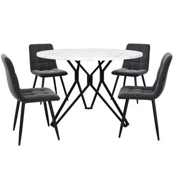Conjunto De Comedor: Mesa Redonda De 100 Cm Con Base Negra Y 4 Sillas Grises Efecto Lino
