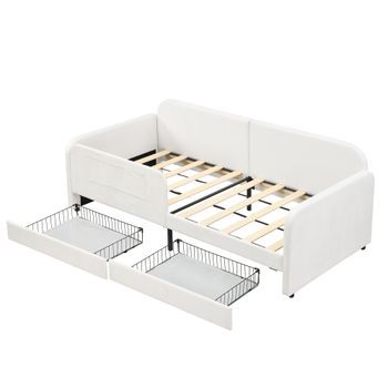 Cama Infantil - Cama Tapizada - Sofá Cama - 3 Bolsas De Almacenamiento Pequeñas - 2 Cajones Con Ruedas - Terciopelo - Blanca - 90x200 Cm