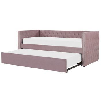 Cama Nido Tapizada En Terciopelo Rosa 90 X 200 Cm Marco De Listones Adornos De Clavo Abotonada Estilo Glam Gassin