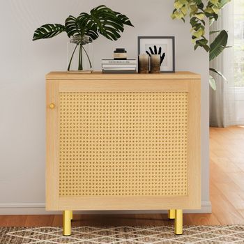 Aparador De Una Puerta - Mueble De Almacenamiento - Mdf Y Ratán - Natural (60x40x63cm)