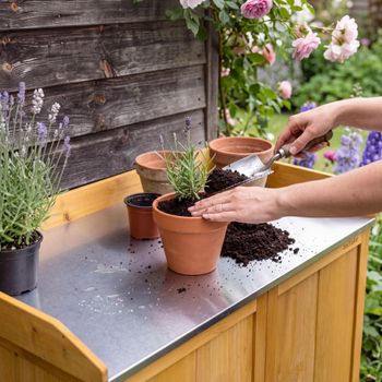 Armario de jardín con tablero de mesa de chapa galvanizada