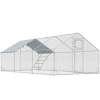 pawhut gallinero metalico de exterior para 18-24 gallinas con percha multiusos comedero colgante tipo brocheta 3x6m plata  aosom espana